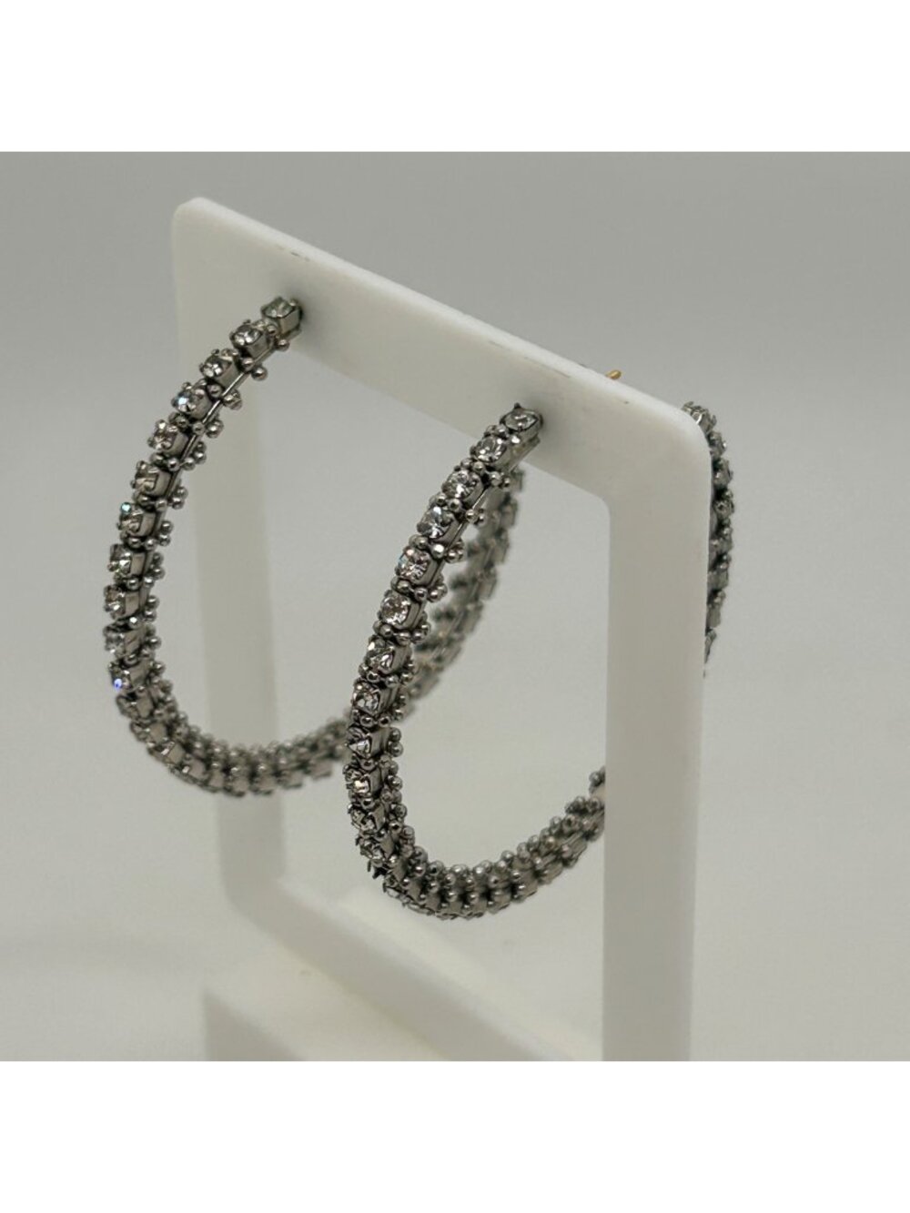 Clear Rhinestone Silver Tone Multi Row Statement Hoop Earrings Sparkly Pave Bli